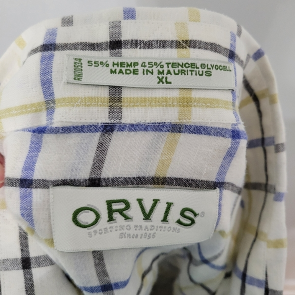 Orvis Men's Hemp/Tencel Short Sleeve Plaid Button Up Shirt XL White Blue Yellow - Picture 6 of 11